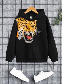 SHEIN Áo nỉ in họa tiết da báo cho bé trai tuổi teen - màu đen - Xem 1