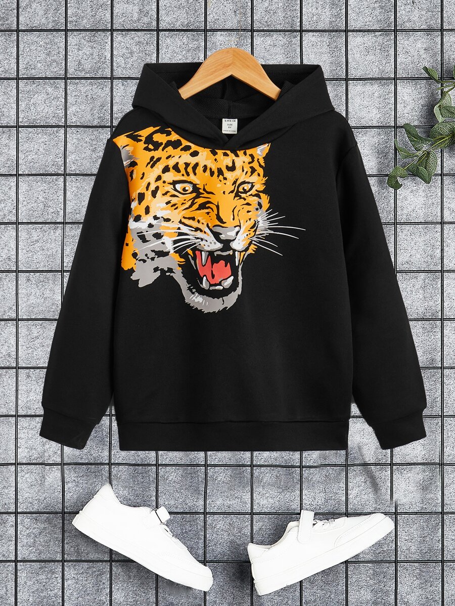 SHEIN Áo nỉ in họa tiết da báo cho bé trai tuổi teen - màu đen - Xem 1