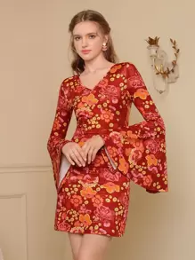 SHEIN MOD 印花喇叭袖洋裝 - 彩色 - 查看 3