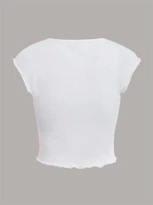 SHEIN EZwear Camiseta fruncido escote corazón ribete en forma de lechuga - Blanco - Ver 2