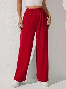 SHEIN PETITE Pantalones de pierna ancha unicolor - Rojo - Ver 1