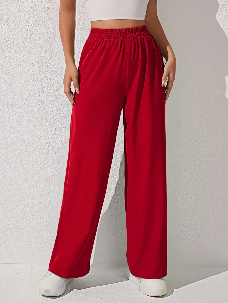 SHEIN PETITE Pantalones de pierna ancha unicolor - Rojo - Ver 1