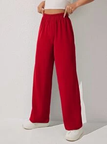 SHEIN PETITE Pantalones de pierna ancha unicolor - Rojo - Ver 3