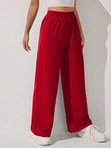 SHEIN PETITE Pantalones de pierna ancha unicolor - Rojo - Ver 4