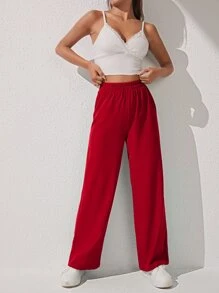 SHEIN PETITE Pantalones de pierna ancha unicolor - Rojo - Ver 5