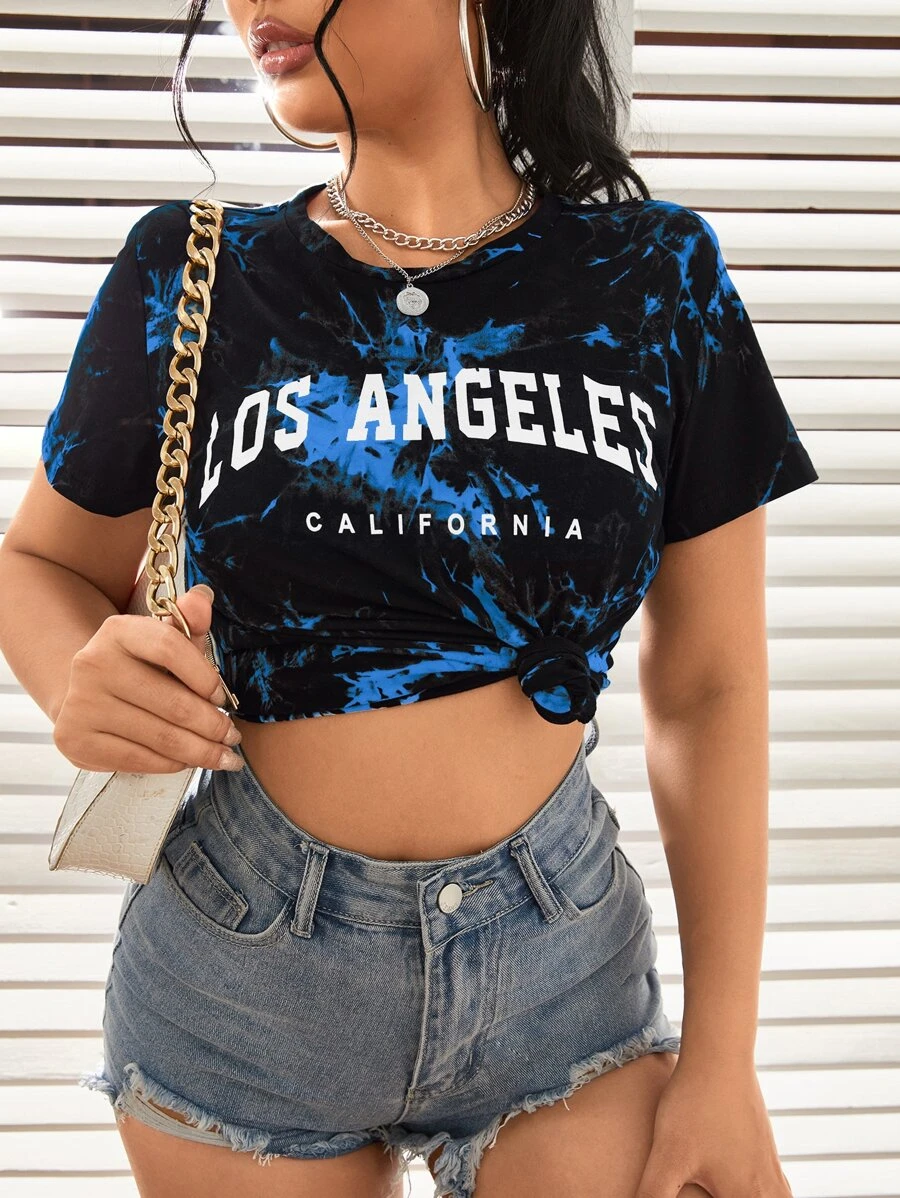 SHEIN EZwear Áo thun nữ Lá thư Cà vạt nhuộm Giải trí - Màu xanh lam - Xem 1