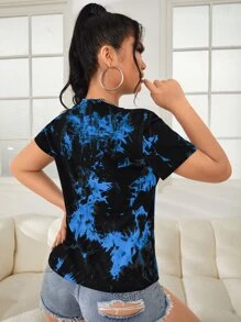 SHEIN EZwear Áo thun nữ Lá thư Cà vạt nhuộm Giải trí - Màu xanh lam - Xem 2