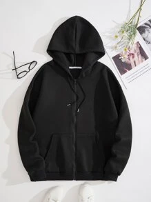 INAWLY Zip Up Drawstring Thermal Lined Hoodie - Black - View 1