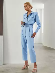 Sollinarry 素色假口袋襯衫和腰帶長褲 - 淺藍色 - 查看 1