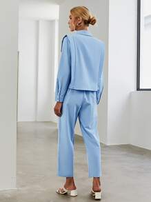 Sollinarry 素色假口袋襯衫和腰帶長褲 - 淺藍色 - 查看 2
