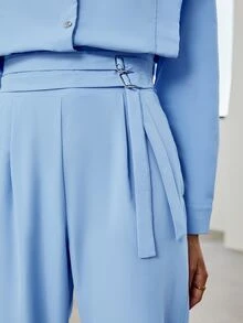 Sollinarry 素色假口袋襯衫和腰帶長褲 - 淺藍色 - 查看 3