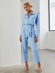 Sollinarry 素色假口袋襯衫和腰帶長褲 - 淺藍色 - 查看 4