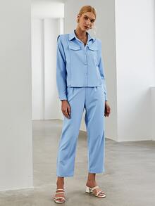 Sollinarry 素色假口袋襯衫和腰帶長褲 - 淺藍色 - 查看 6