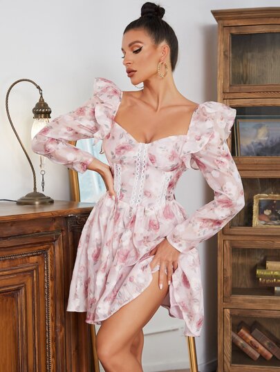 Floral Print Sweetheart Neck Ruffle Trim Dress