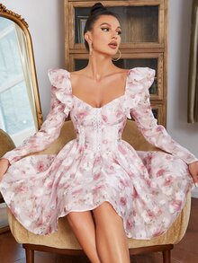Floral Print Sweetheart Neck Ruffle Trim Dress