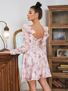 Floral Print Sweetheart Neck Ruffle Trim Dress