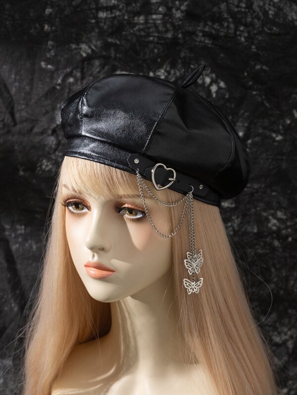 1pc Women's Heart & Butterfly Faux Leather Octagonal Cap, Solid Pumpkin Color