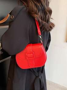 Neon-red Buckle Decor Flap Saddle Bag - Red - View 2