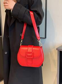 Neon-red Buckle Decor Flap Saddle Bag - Red - View 6