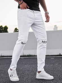 Manfinity Men Letter Graphic Skinny Jeans - White - View 1