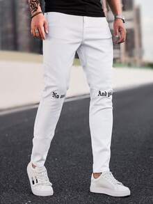 Manfinity Men Letter Graphic Skinny Jeans - White - View 3