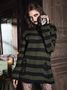 ROMWE Goth Striped Distressed Sweater, School,Long Sleeve Tops - Multicolor - View 4
