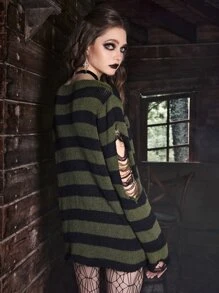ROMWE Goth Striped Distressed Sweater, School,Long Sleeve Tops - Multicolor - View 6