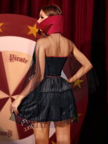 4pack Contrast Mesh Grommet Lace Up Front Halloween Costume Set - Black - View 2