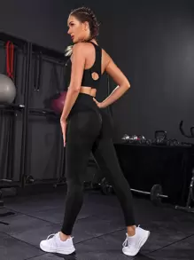 Powerista Bộ đồ tập yoga co giãn cao liền mạch 2 chiếc Bộ đồ thể thao cắt xẻ lưng Racer Tank Scrunch Mông Quần bó cạp rộng Bộ đồ tập luyện Bộ đồ tập luyện cho nữ Bộ đồ tập gym cho nữ - màu đen - Xem 2