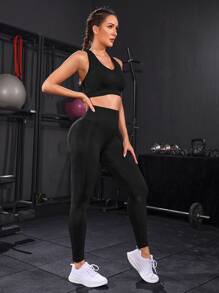 Powerista Bộ đồ tập yoga co giãn cao liền mạch 2 chiếc Bộ đồ thể thao cắt xẻ lưng Racer Tank Scrunch Mông Quần bó cạp rộng Bộ đồ tập luyện Bộ đồ tập luyện cho nữ Bộ đồ tập gym cho nữ - màu đen - Xem 3
