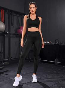 Powerista Bộ đồ tập yoga co giãn cao liền mạch 2 chiếc Bộ đồ thể thao cắt xẻ lưng Racer Tank Scrunch Mông Quần bó cạp rộng Bộ đồ tập luyện Bộ đồ tập luyện cho nữ Bộ đồ tập gym cho nữ - màu đen - Xem 5