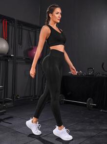 Powerista Bộ đồ tập yoga co giãn cao liền mạch 2 chiếc Bộ đồ thể thao cắt xẻ lưng Racer Tank Scrunch Mông Quần bó cạp rộng Bộ đồ tập luyện Bộ đồ tập luyện cho nữ Bộ đồ tập gym cho nữ - màu đen - Xem 6