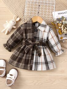 嬰兒撞色格紋印花荷葉袖腰帶襯衫洋裝 - 彩色 - 查看 1