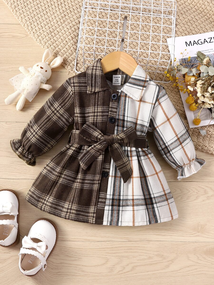 嬰兒撞色格紋印花荷葉袖腰帶襯衫洋裝 - 彩色 - 查看 1