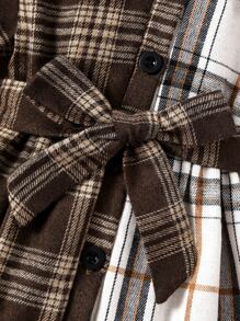 嬰兒撞色格紋印花荷葉袖腰帶襯衫洋裝 - 彩色 - 查看 3