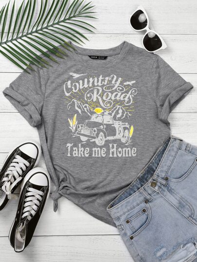 SHEIN EZwear Plus Slogan And Graphic Print Tee