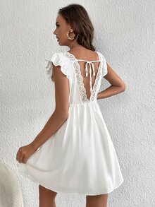 SHEIN V Neck Contrast Lace Ruffle Tie Back Dress - White - View 2