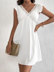 SHEIN V Neck Contrast Lace Ruffle Tie Back Dress - White - View 1