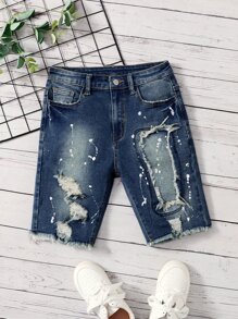 SHEIN Shorts de mezclilla para niños(as) preadolescentes, salpicados con tinta, rasgados, deshilachados y con remates crudos - Azul lavado medio - Ver 1