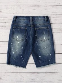 SHEIN Shorts de mezclilla para niños(as) preadolescentes, salpicados con tinta, rasgados, deshilachados y con remates crudos - Azul lavado medio - Ver 2