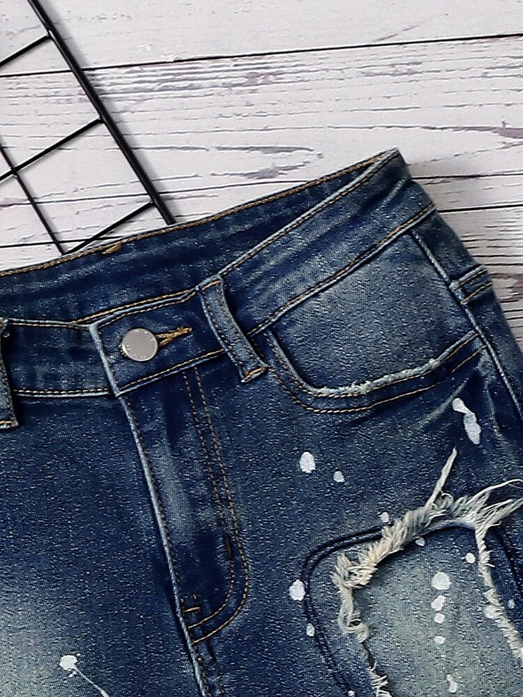 SHEIN Tween Boy Splash Ink Ripped Frayed Raw Trim Denim Shorts - Medium Wash - View 3