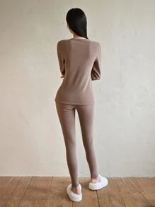 DAZY Solid Round Neck Thermal Underwear Set - Apricot - View 2