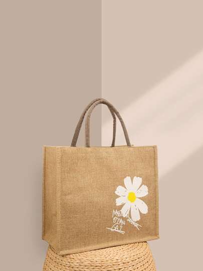 Cute,Kawaii Flowers Floral & Letter Graphic Shoulder Tote Bag, For Women, Rookies & White-Collar Workers,For Teacher Gifts,For Girl, Teen Girls,For Lady,For Female For Business/Commute/Work/Office,For Festivals/Vacation/Holiday