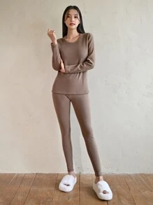 DAZY Solid Round Neck Thermal Underwear Set - Apricot - View 5
