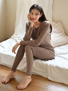 DAZY Solid Round Neck Thermal Underwear Set - Apricot - View 8