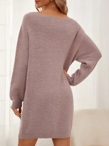 SHEIN Clasi Boat Neck Drop Shoulder Jumper Dress Without Belt - Dusty Purple - View 3