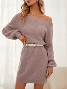 SHEIN Clasi Boat Neck Drop Shoulder Jumper Dress Without Belt - Dusty Purple - View 6