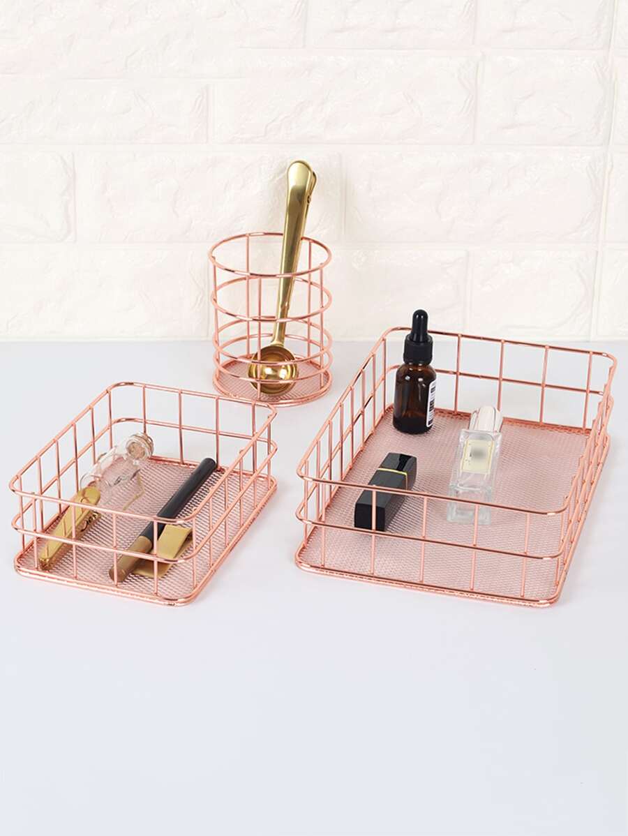 Iron Geometric Shaped Pen Storage Basket 1pc - Rose Gold - View 1