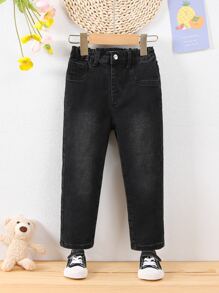 Young Boy Single Button Jeans - Black - View 1