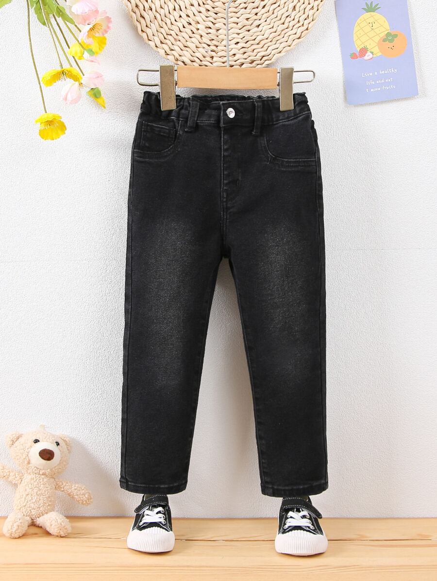 Young Boy Single Button Jeans - Black - View 1
